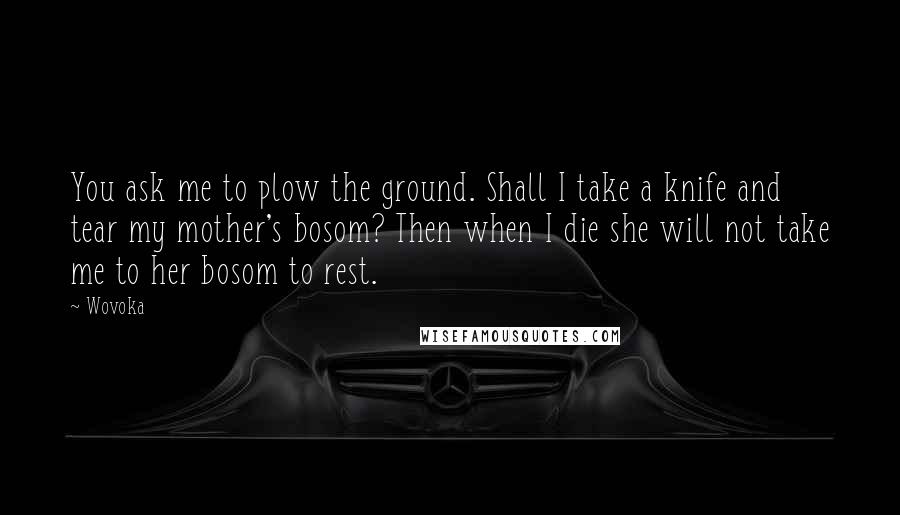 Wovoka Quotes: You ask me to plow the ground. Shall I take a knife and tear my mother's bosom? Then when I die she will not take me to her bosom to rest.