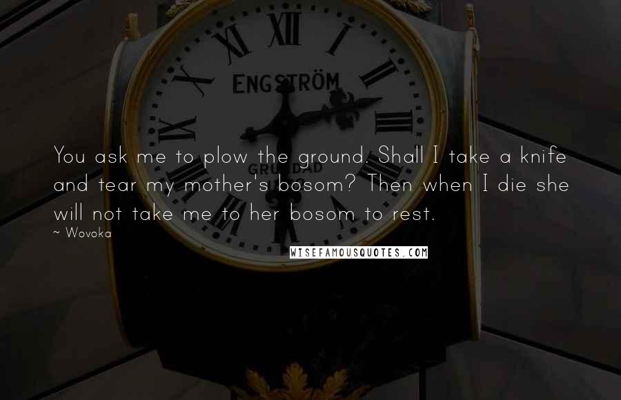 Wovoka Quotes: You ask me to plow the ground. Shall I take a knife and tear my mother's bosom? Then when I die she will not take me to her bosom to rest.