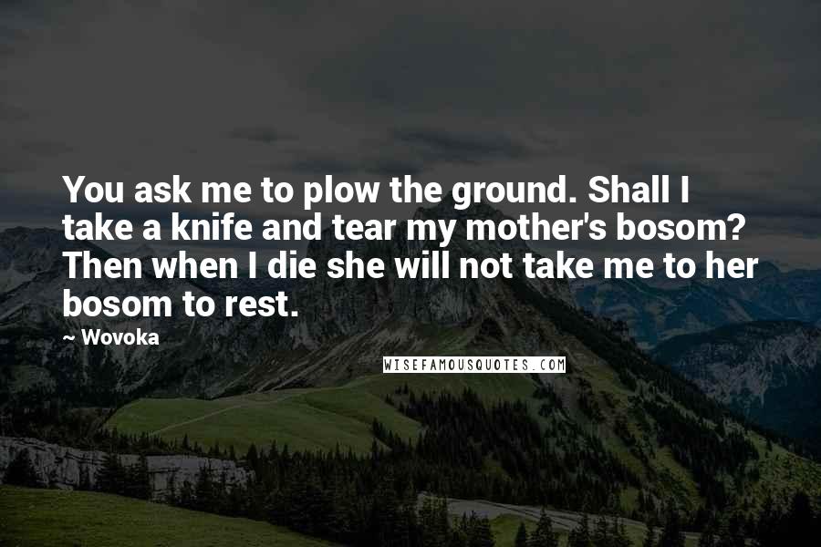 Wovoka Quotes: You ask me to plow the ground. Shall I take a knife and tear my mother's bosom? Then when I die she will not take me to her bosom to rest.