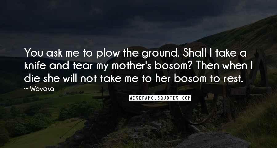 Wovoka Quotes: You ask me to plow the ground. Shall I take a knife and tear my mother's bosom? Then when I die she will not take me to her bosom to rest.