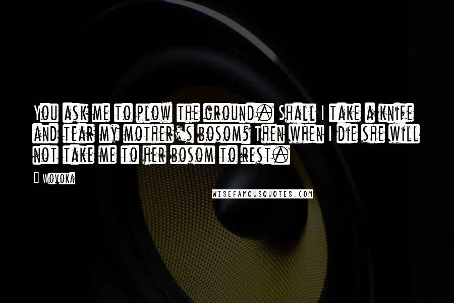 Wovoka Quotes: You ask me to plow the ground. Shall I take a knife and tear my mother's bosom? Then when I die she will not take me to her bosom to rest.