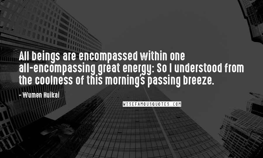 Wumen Huikai Quotes: All beings are encompassed within one all-encompassing great energy: So I understood from the coolness of this morning's passing breeze.