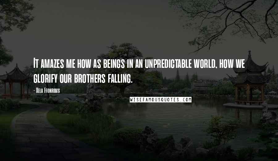 Xela Ffonrims Quotes: It amazes me how as beings in an unpredictable world, how we glorify our brothers falling.