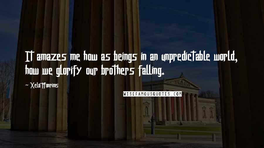 Xela Ffonrims Quotes: It amazes me how as beings in an unpredictable world, how we glorify our brothers falling.