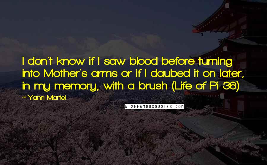 Yann Martel Quotes: I don't know if I saw blood before turning into Mother's arms or if I daubed it on later, in my memory, with a brush (Life of Pi 36)