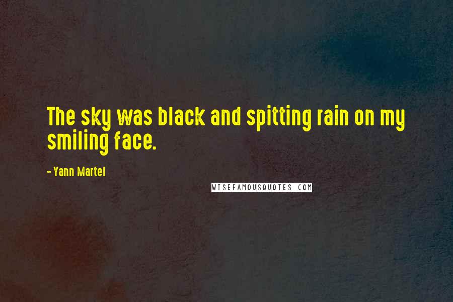 Yann Martel Quotes: The sky was black and spitting rain on my smiling face.