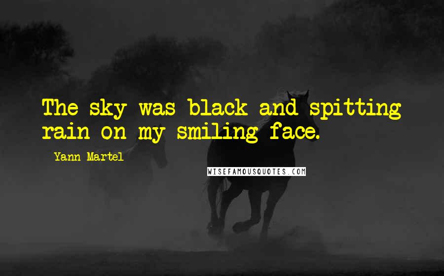 Yann Martel Quotes: The sky was black and spitting rain on my smiling face.