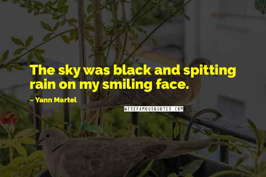 Yann Martel Quotes: The sky was black and spitting rain on my smiling face.