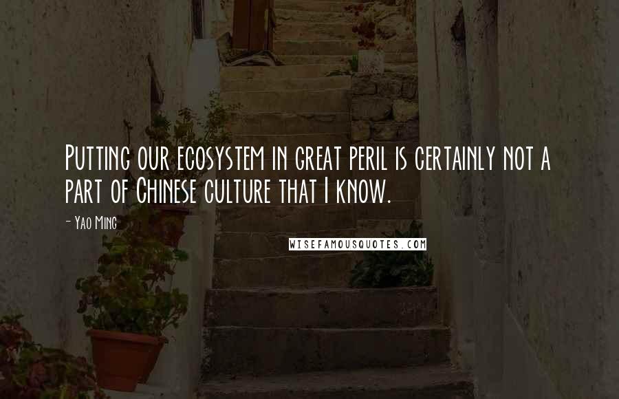 Yao Ming Quotes: Putting our ecosystem in great peril is certainly not a part of Chinese culture that I know.