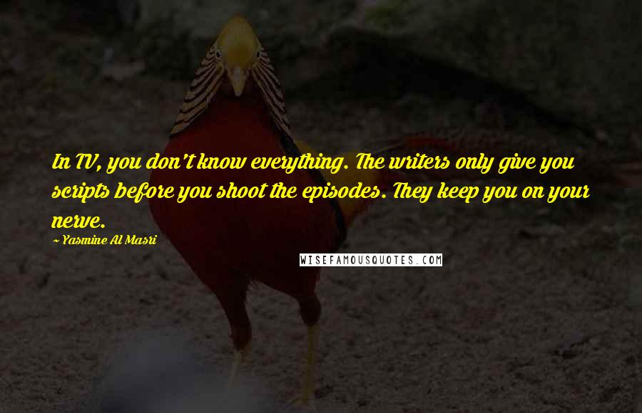 Yasmine Al Masri Quotes: In TV, you don't know everything. The writers only give you scripts before you shoot the episodes. They keep you on your nerve.