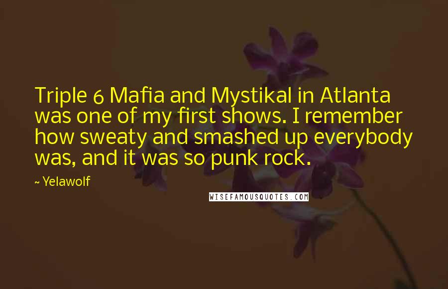 Yelawolf Quotes: Triple 6 Mafia and Mystikal in Atlanta was one of my first shows. I remember how sweaty and smashed up everybody was, and it was so punk rock.