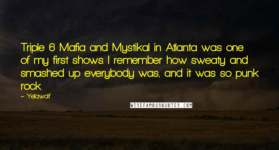 Yelawolf Quotes: Triple 6 Mafia and Mystikal in Atlanta was one of my first shows. I remember how sweaty and smashed up everybody was, and it was so punk rock.