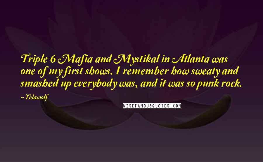 Yelawolf Quotes: Triple 6 Mafia and Mystikal in Atlanta was one of my first shows. I remember how sweaty and smashed up everybody was, and it was so punk rock.
