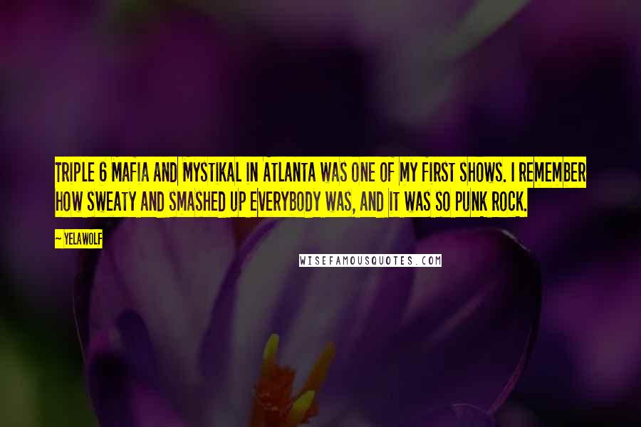 Yelawolf Quotes: Triple 6 Mafia and Mystikal in Atlanta was one of my first shows. I remember how sweaty and smashed up everybody was, and it was so punk rock.