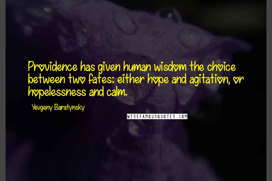Yevgeny Baratynsky Quotes: Providence has given human wisdom the choice between two fates: either hope and agitation, or hopelessness and calm.