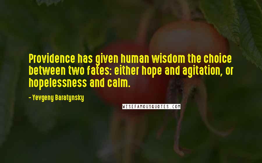 Yevgeny Baratynsky Quotes: Providence has given human wisdom the choice between two fates: either hope and agitation, or hopelessness and calm.