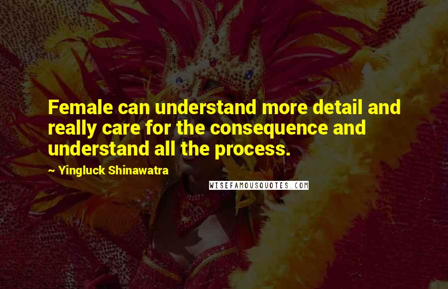 Yingluck Shinawatra Quotes: Female can understand more detail and really care for the consequence and understand all the process.