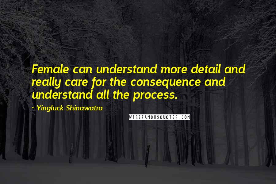 Yingluck Shinawatra Quotes: Female can understand more detail and really care for the consequence and understand all the process.