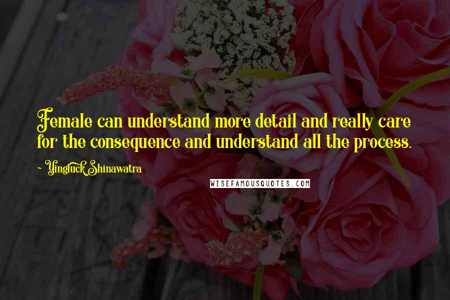 Yingluck Shinawatra Quotes: Female can understand more detail and really care for the consequence and understand all the process.