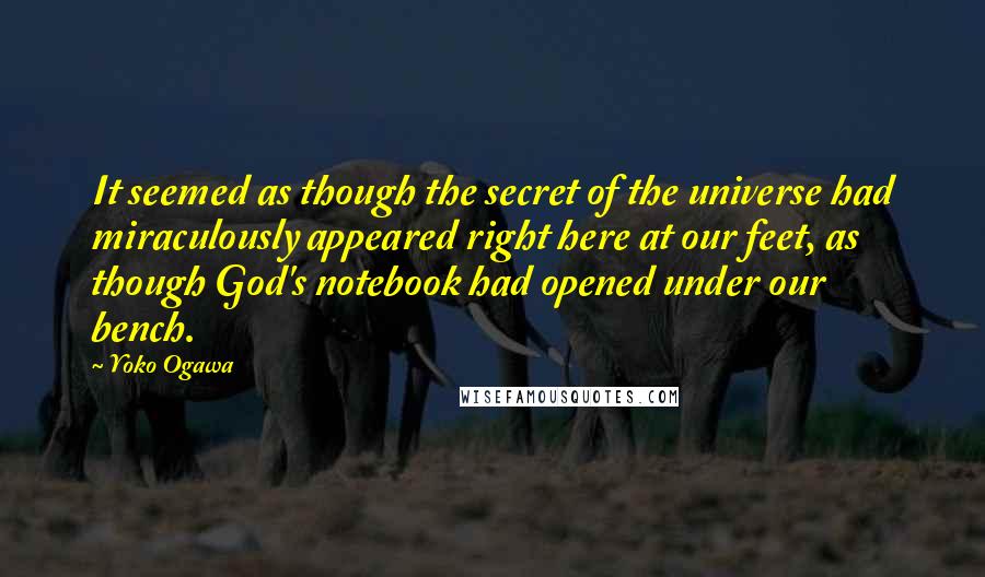 Yoko Ogawa Quotes: It seemed as though the secret of the universe had miraculously appeared right here at our feet, as though God's notebook had opened under our bench.