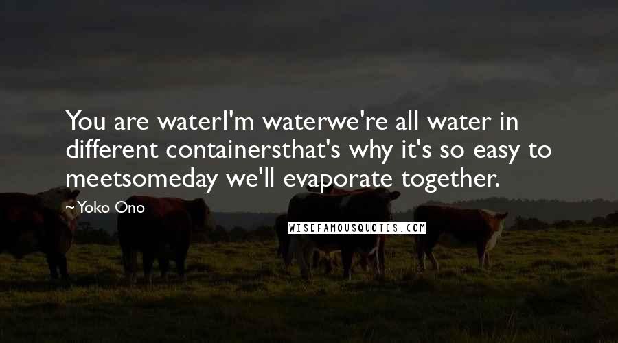 Yoko Ono Quotes: You are waterI'm waterwe're all water in different containersthat's why it's so easy to meetsomeday we'll evaporate together.