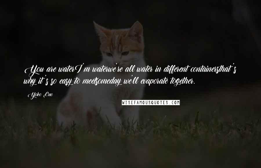 Yoko Ono Quotes: You are waterI'm waterwe're all water in different containersthat's why it's so easy to meetsomeday we'll evaporate together.