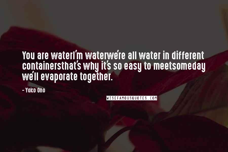 Yoko Ono Quotes: You are waterI'm waterwe're all water in different containersthat's why it's so easy to meetsomeday we'll evaporate together.