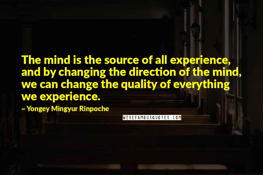 Yongey Mingyur Rinpoche Quotes: The mind is the source of all experience, and by changing the direction of the mind, we can change the quality of everything we experience.