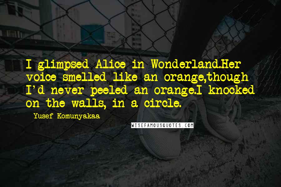 Yusef Komunyakaa Quotes: I glimpsed Alice in Wonderland.Her voice smelled like an orange,though I'd never peeled an orange.I knocked on the walls, in a circle.