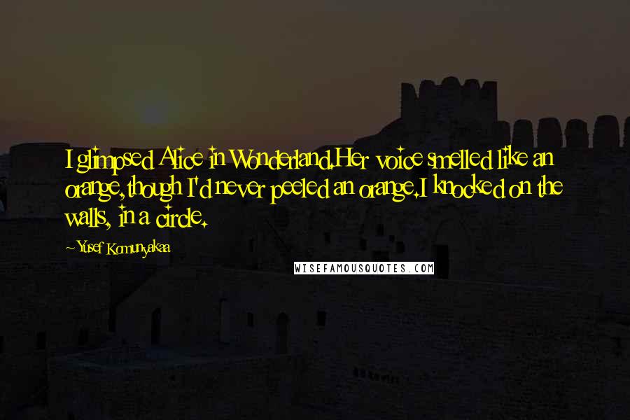 Yusef Komunyakaa Quotes: I glimpsed Alice in Wonderland.Her voice smelled like an orange,though I'd never peeled an orange.I knocked on the walls, in a circle.