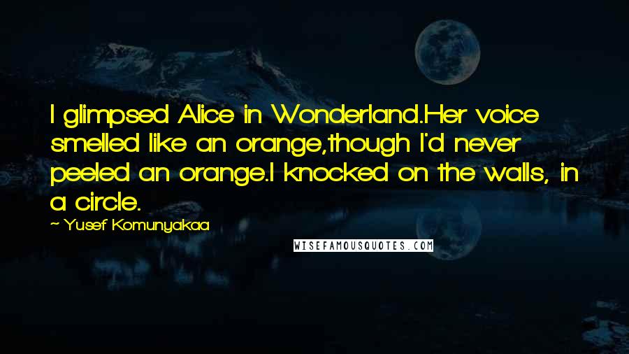 Yusef Komunyakaa Quotes: I glimpsed Alice in Wonderland.Her voice smelled like an orange,though I'd never peeled an orange.I knocked on the walls, in a circle.