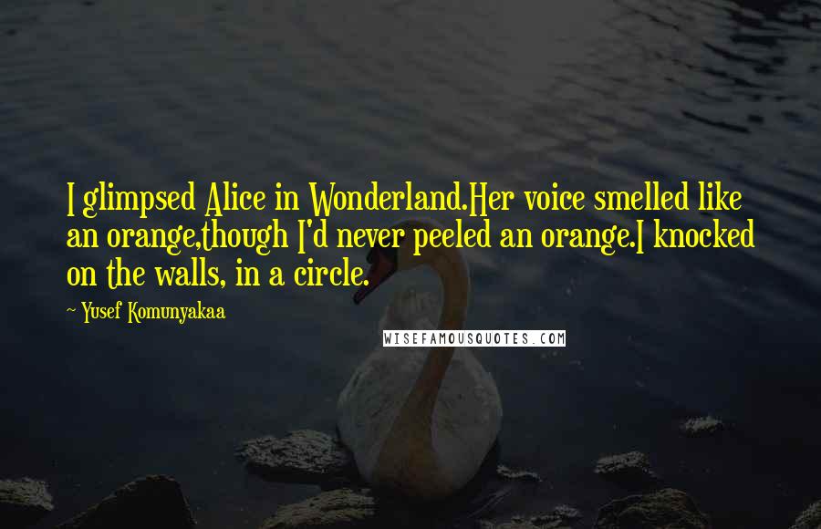 Yusef Komunyakaa Quotes: I glimpsed Alice in Wonderland.Her voice smelled like an orange,though I'd never peeled an orange.I knocked on the walls, in a circle.