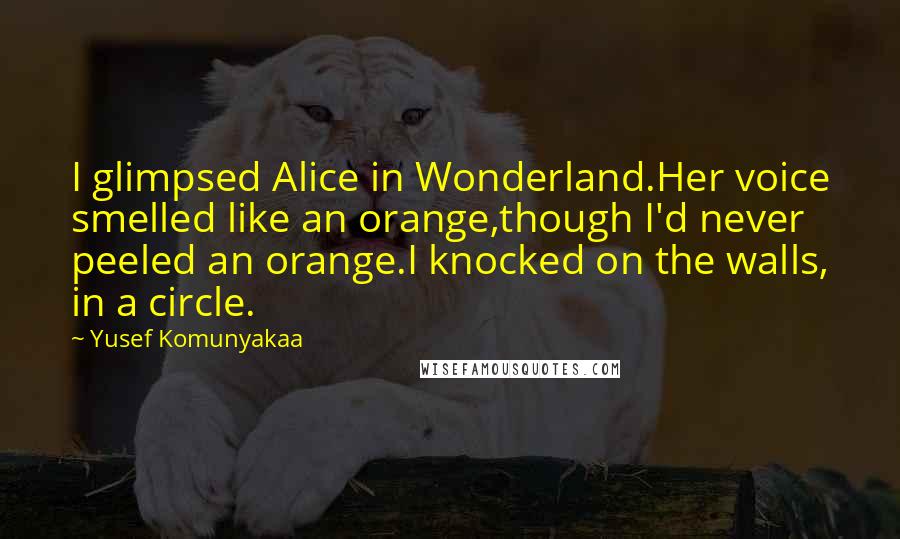 Yusef Komunyakaa Quotes: I glimpsed Alice in Wonderland.Her voice smelled like an orange,though I'd never peeled an orange.I knocked on the walls, in a circle.