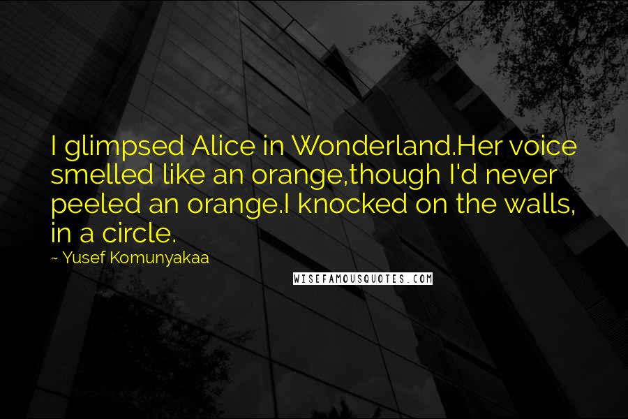 Yusef Komunyakaa Quotes: I glimpsed Alice in Wonderland.Her voice smelled like an orange,though I'd never peeled an orange.I knocked on the walls, in a circle.