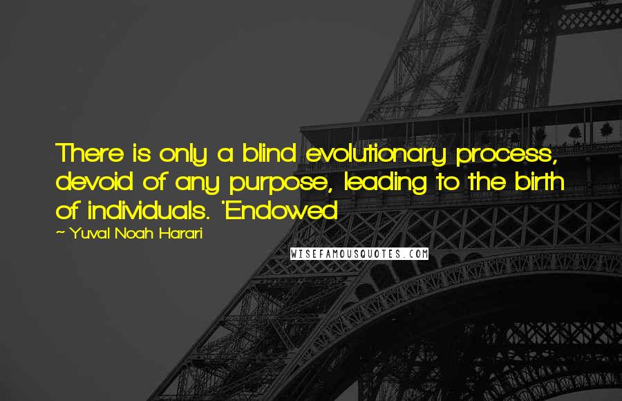 Yuval Noah Harari Quotes: There is only a blind evolutionary process, devoid of any purpose, leading to the birth of individuals. 'Endowed