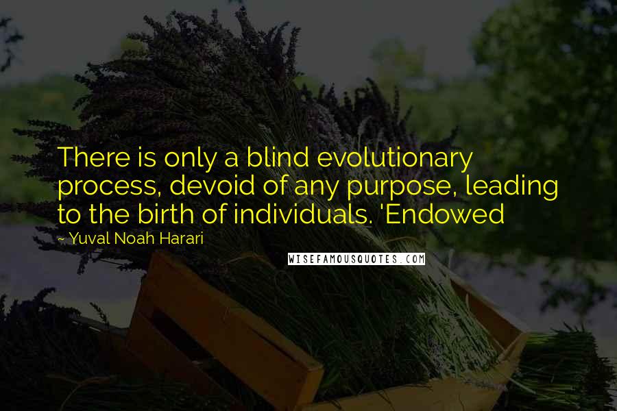 Yuval Noah Harari Quotes: There is only a blind evolutionary process, devoid of any purpose, leading to the birth of individuals. 'Endowed