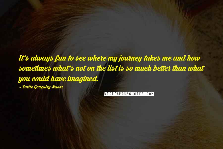 Yvette Gonzalez-Nacer Quotes: It's always fun to see where my journey takes me and how sometimes what's not on the list is so much better than what you could have imagined.