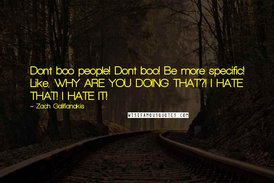 Zach Galifianakis Quotes: Don't boo people! Don't boo! Be more specific! Like, 'WHY ARE YOU DOING THAT?! I HATE THAT! I HATE IT!'