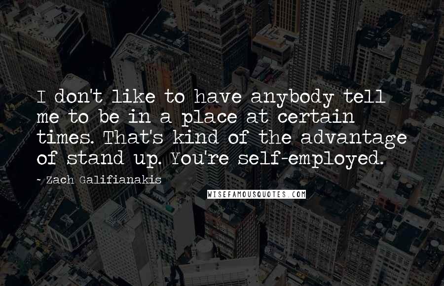 Zach Galifianakis Quotes: I don't like to have anybody tell me to be in a place at certain times. That's kind of the advantage of stand up. You're self-employed.