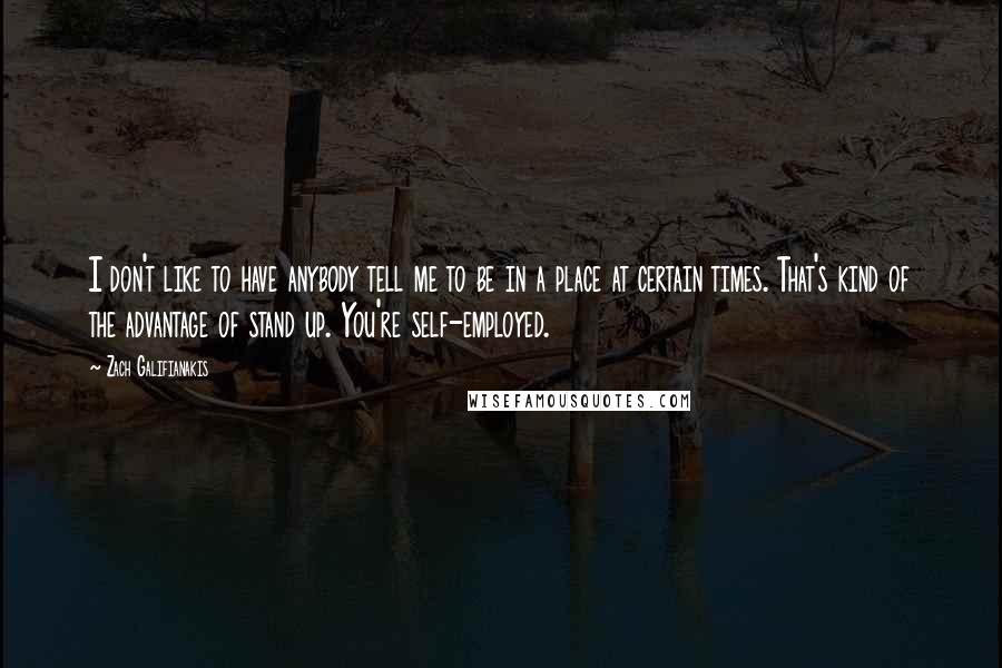 Zach Galifianakis Quotes: I don't like to have anybody tell me to be in a place at certain times. That's kind of the advantage of stand up. You're self-employed.