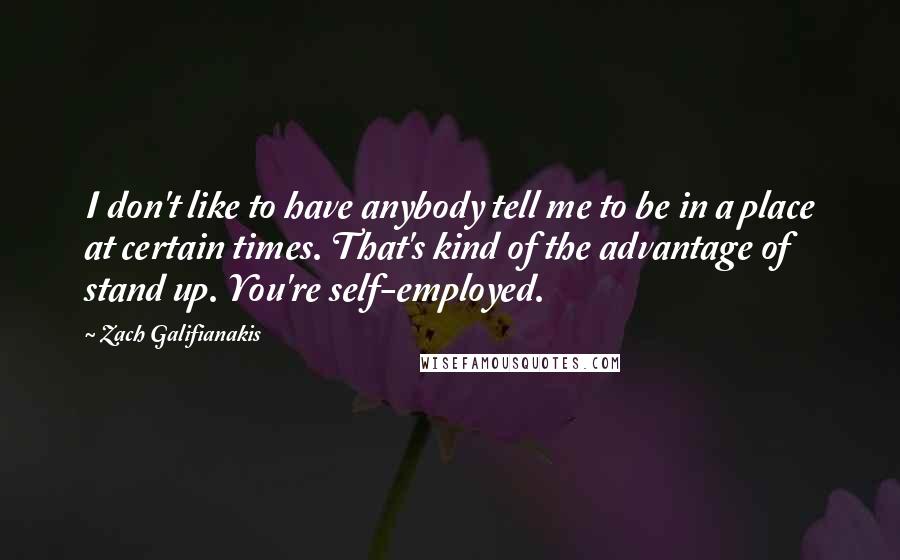 Zach Galifianakis Quotes: I don't like to have anybody tell me to be in a place at certain times. That's kind of the advantage of stand up. You're self-employed.