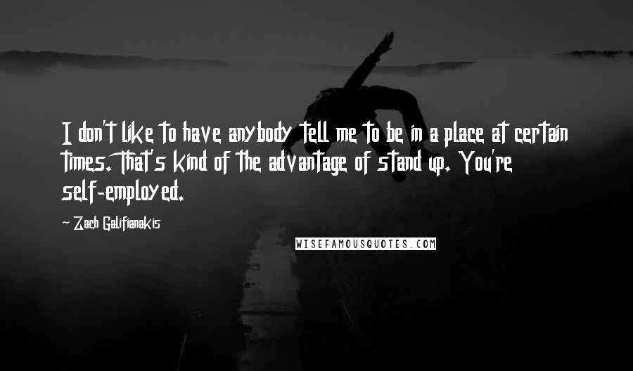 Zach Galifianakis Quotes: I don't like to have anybody tell me to be in a place at certain times. That's kind of the advantage of stand up. You're self-employed.