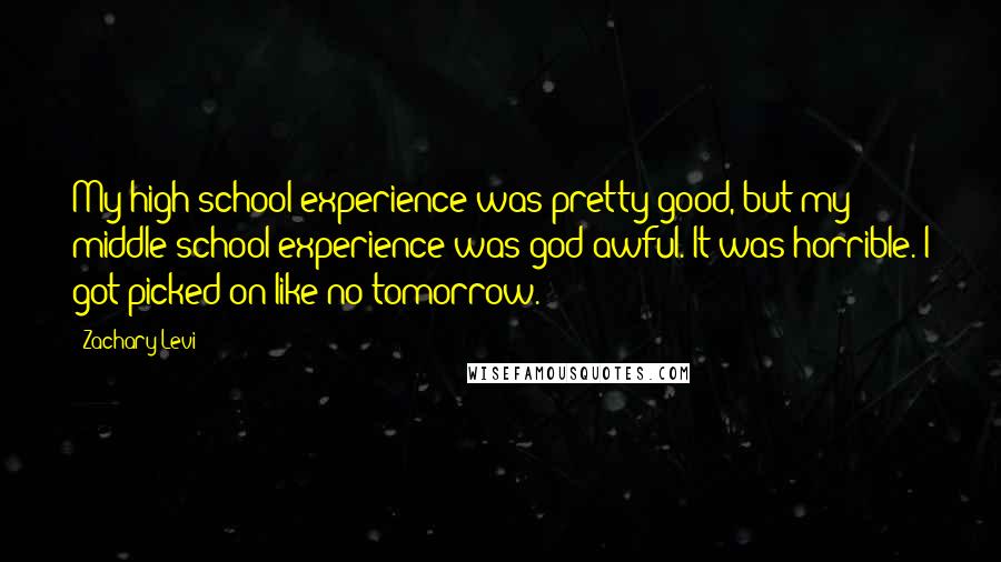 Zachary Levi Quotes: My high school experience was pretty good, but my middle school experience was god awful. It was horrible. I got picked on like no tomorrow.