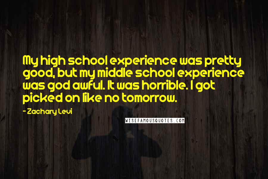 Zachary Levi Quotes: My high school experience was pretty good, but my middle school experience was god awful. It was horrible. I got picked on like no tomorrow.