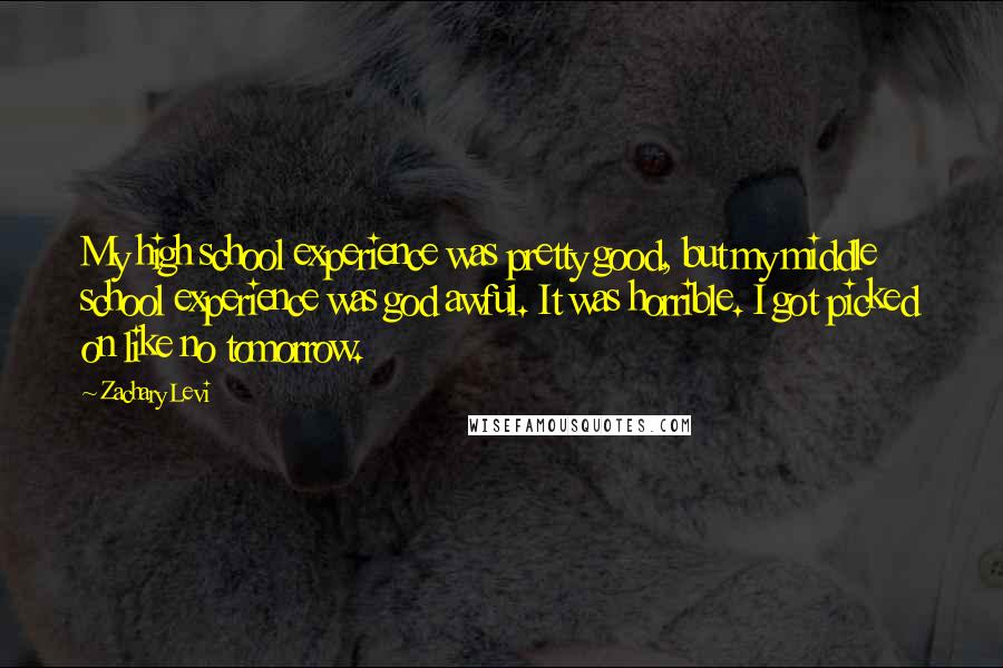 Zachary Levi Quotes: My high school experience was pretty good, but my middle school experience was god awful. It was horrible. I got picked on like no tomorrow.