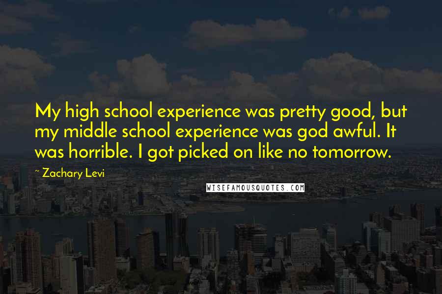Zachary Levi Quotes: My high school experience was pretty good, but my middle school experience was god awful. It was horrible. I got picked on like no tomorrow.
