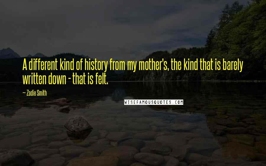 Zadie Smith Quotes: A different kind of history from my mother's, the kind that is barely written down - that is felt.