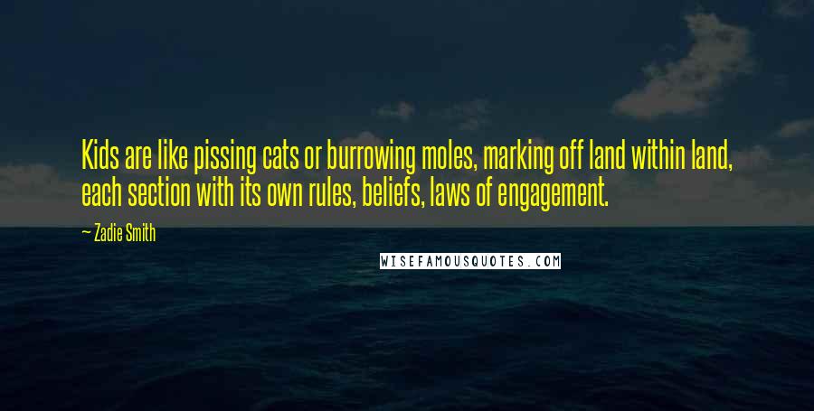 Zadie Smith Quotes: Kids are like pissing cats or burrowing moles, marking off land within land, each section with its own rules, beliefs, laws of engagement.