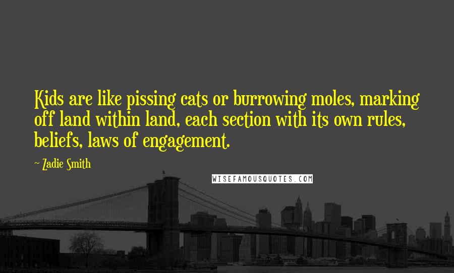 Zadie Smith Quotes: Kids are like pissing cats or burrowing moles, marking off land within land, each section with its own rules, beliefs, laws of engagement.