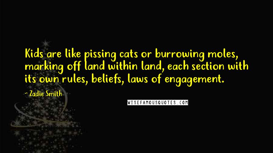 Zadie Smith Quotes: Kids are like pissing cats or burrowing moles, marking off land within land, each section with its own rules, beliefs, laws of engagement.